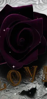 Dark purple rose with love text and silver accents.