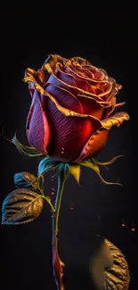 Elegant dark rose with glowing petals on black background.