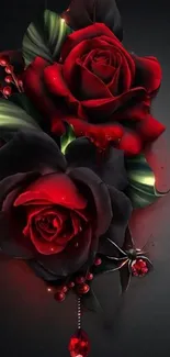 Dark elegant wallpaper with vibrant red roses and gothic accents.