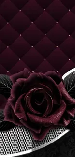 Elegant burgundy rose wallpaper with quilted pattern and floral design.