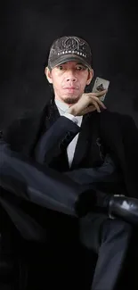 Person in elegant dark suit sitting with a cap, against a charcoal background.