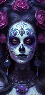 Day of the Dead skull with purple roses