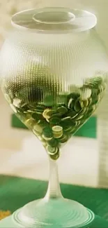 Frosted glass vase filled with green marbles against a stylish background.