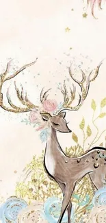 Elegant deer with floral and gold accents on a beige mobile wallpaper.