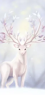 Elegant deer with pastel antlers in a dreamy winter landscape.