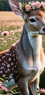 Elegant deer in floral crown amidst a colorful flower field.