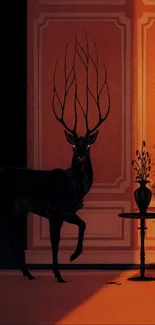 An elegant deer in shadow art with orange and black tones.