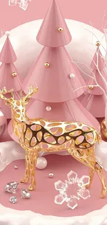 Golden deer and pink trees with snowflakes on a whimsical winter mobile wallpaper.