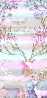 Elegant deer with pastel flowers and intricate branches in a serene nature wallpaper.