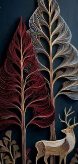 Elegant deer among artistic trees on dark background.
