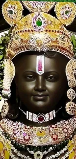 Intricately adorned deity statue with green background