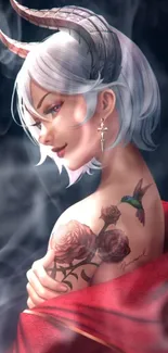 Elegant fantasy character with white hair and tattoos in artistic wallpaper.