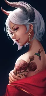 Elegant demon girl with tattoos and a red shawl in fantasy art style.