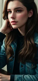 Portrait of a woman in a denim jacket, seated thoughtfully by a window.