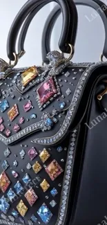 Close-up of an elegant designer handbag with colorful gems.