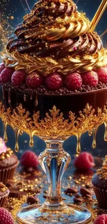 Luxurious chocolate dessert with raspberries and gold.