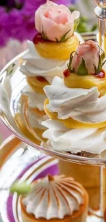 Elegant dessert stand with floral pastries.