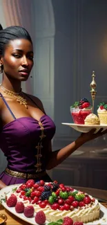 Woman serves desserts in elegant purple dress.