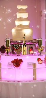 Elegant dessert table with chocolate fountain centerpiece.