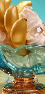 Luxurious glass dessert with golden accents on a turquoise backdrop.