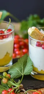 Elegant dessert with fruit and cream in glass cups with garnishes.
