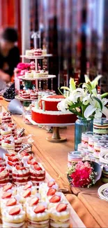 Elegant dessert table with cakes and flowers.