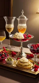 Elegant dining setting with berries and glassware.