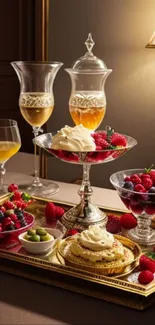 Luxurious dessert table with berries and elegant glassware.