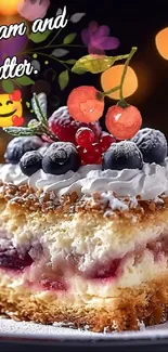 Indulgent cake with berries and cream, set against a festive backdrop.