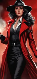 Elegant woman in red coat, holding a cigarette in a noir city setting.