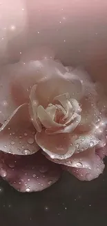 Close-up of a pink rose with dewdrops in soft lighting.