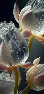 Crystal-like roses with dewdrops against a dark gray background.