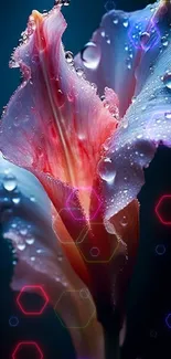 Dewy flower with droplets on colorful petals against a blue background.