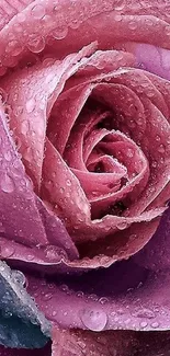 Close-up of a dewy pink rose with water droplets on its petals.