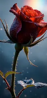 Close-up of a dewy red rose against a soft background.