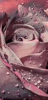 Dew-covered pink rose with intricate petals.