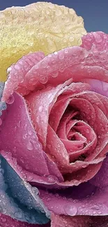 Vibrant pink rose with dewdrops, set against a colorful background.