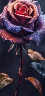 Vibrant dewy rose on dark background with glistening droplets.