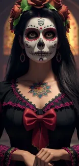 Elegant Día de los Muertos woman with sugar skull makeup and floral crown in dark attire.