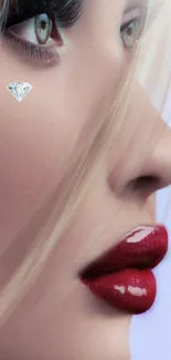 Elegant profile of woman with diamond under eye, red lips.