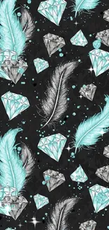 Elegant mobile wallpaper with diamonds and feathers on a black backdrop.