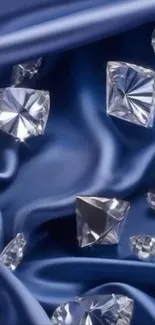 Floating diamonds on blue silk wallpaper.