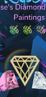 Mobile wallpaper showing artistic diamonds and crowns on a dark blue background.