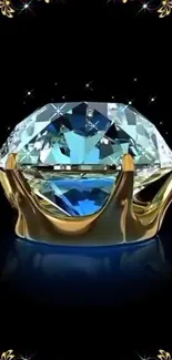 Diamond set in golden crown on black background