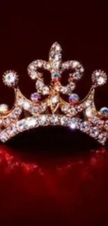 Luxurious diamond crown on dark red background.