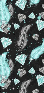 Mobile wallpaper with diamonds and feathers on a dark background.