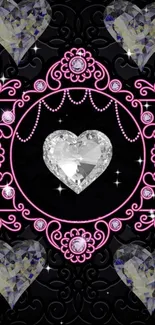 Elegant black wallpaper with diamond heart and pink designs.