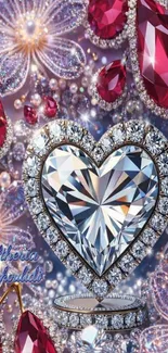 Diamond heart with red jewels on a floral background.
