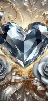 Diamond heart with silver roses wallpaper for mobile.