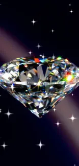 Close-up of a diamond reflecting colorful light, held by tweezers against a dark background.